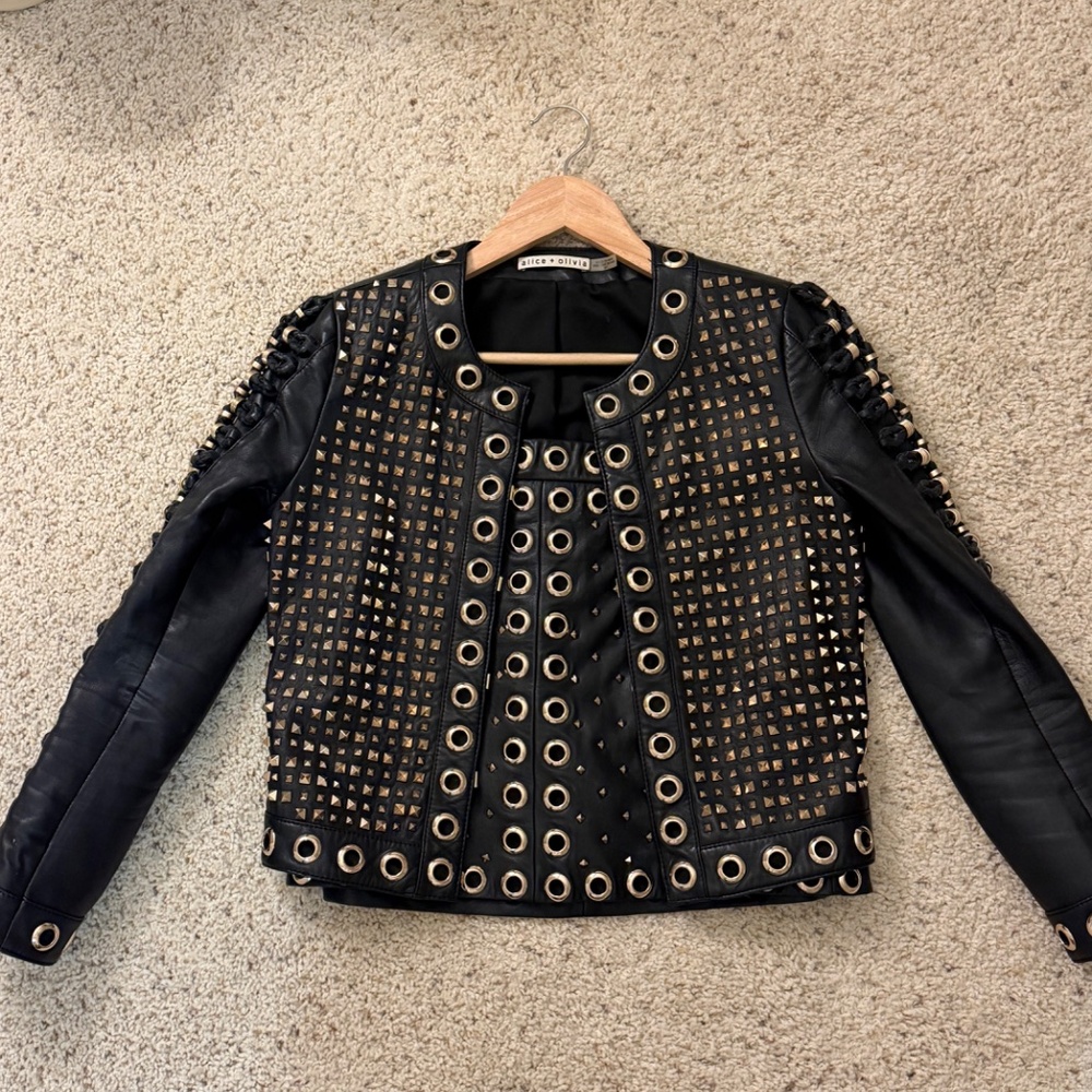 KIDMAN EMBELLISHED LEATHER BOXY JACKET + RILEY A-LINE STUDDED LEATHER SKIRT - Picture 2 of 8